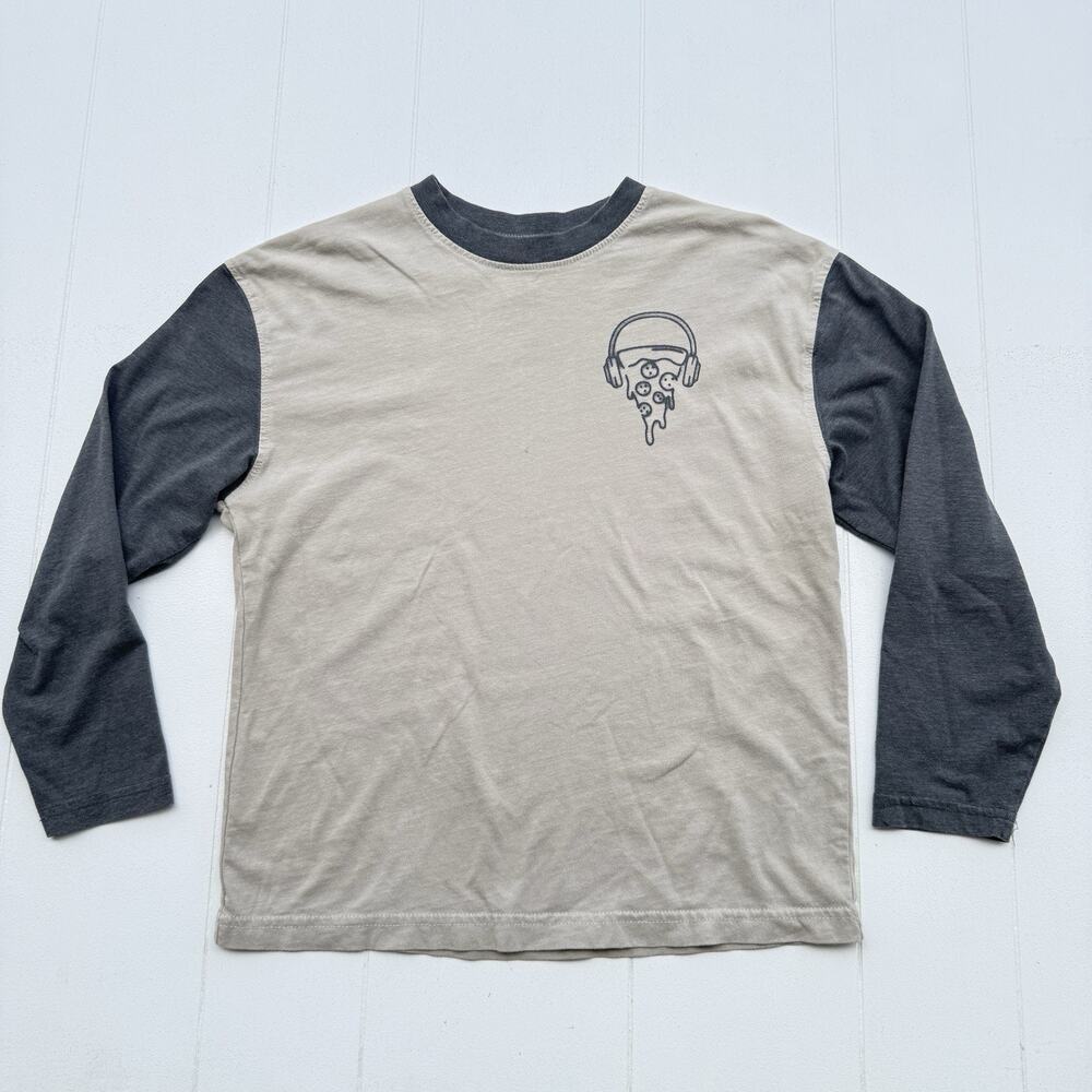 George Boys Pizza Logo Long Sleeve Shirt Tan Gray Medium 7-8